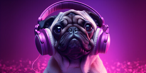 Um lindo cachorro pug com fone de ouvido em um fundo em tons de roxo super moderno - obrazy, fototapety, plakaty