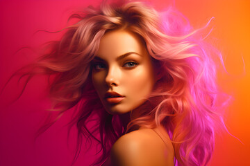 Uma linda mulher com cabelos esvoaçantes rosa e laranja em um fundo moderno com uma bela iluminação