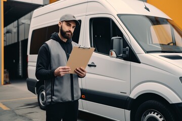 shipping and courier man with his van holding some documents