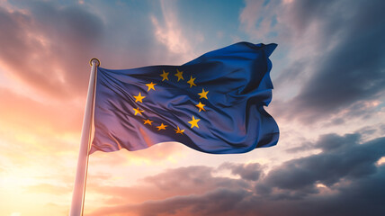 eu flag with blue sky background.