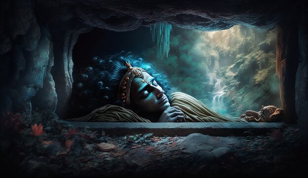 Lord krishna cave sleep night vishnu wallpaper image AI generated art