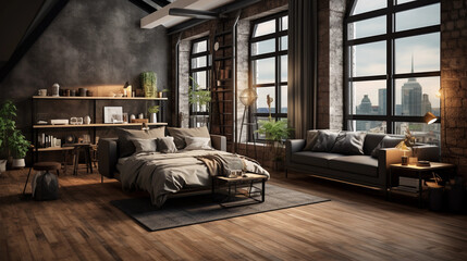 Dark colored bedroom with a lot of windows - obrazy, fototapety, plakaty