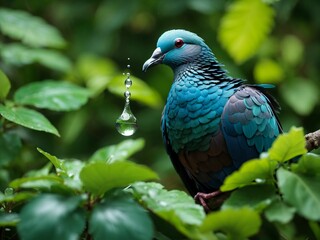 AI illustration of a vibrant pigeon perched on a branch with a falling water droplet