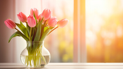 bouquet of tulips in vase on window sill