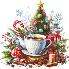 Obraz na płótnie Canvas Festive Teatime Delight: Watercolor Christmas Illustration with Transparency
