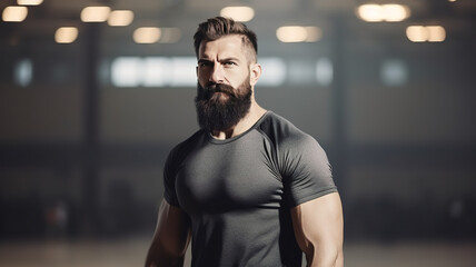 Fototapeta na wymiar Close up view of hardworking active fitness strong bearded bodybuilder man on urban gym background while looking far away. personal trainer for sports with copy space. ai