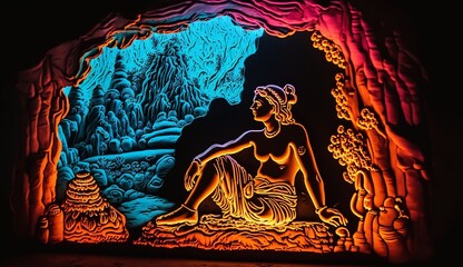 Fototapeta premium Lord krishna lights cave sleep night wallpaper image AI generated art
