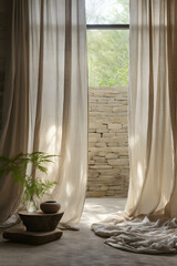 A room with a white sheer curtain in it, in the style of industrial angles, curvaceous simplicity, mediterranean landscapes, light black and beige, sun-soaked colours, minimalist textiles