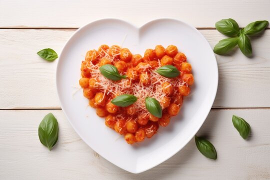 Heart shaped spaghetti with tomato sauce and parmesan cheeses on white plate. AI Generated