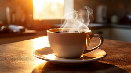 Obraz premium A cup of coffee on a table in a room against a window, illuminated by warm daylight.