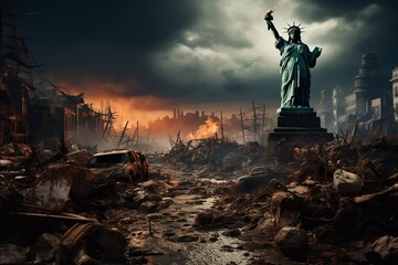 The Statue of Liberty against the backdrop of the ruined city.