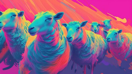 A flock of sheep in drawn brightly colored style. Digital art. Illustration for cover, card, postcard, interior design, banner, poster, brochure or presentation.