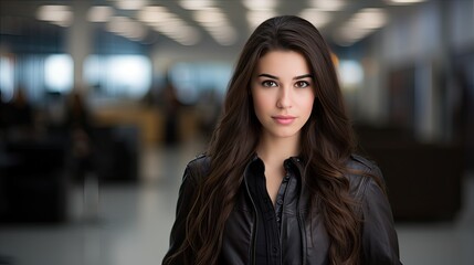 Obraz premium Portrait of a young smiling beautiful woman with long wavy hair. Close-up of the face against the backdrop of the office. Illustration for cover, card, postcard, interior design, decor or print.