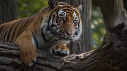 Royal bengal tiger crawling down tree climbing animal illustration image AI generated art
