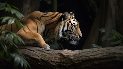 Royal bengal tiger crawling down tree climbing animal illustration image AI generated art