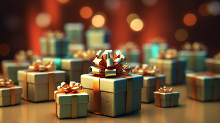 Cadeaux de Noël, paquets, présents. Fond pour conception et création graphique. Ambiance familiale, festive et hivernale.