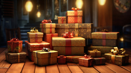 Fototapeta na wymiar Cadeaux de Noël, paquets, présents. Fond pour conception et création graphique. Ambiance familiale, festive et hivernale.