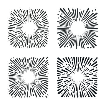 Hand drawn sunburst sketch. Abstract element design set. Decorative textures collection for overlaying. Vector illustration