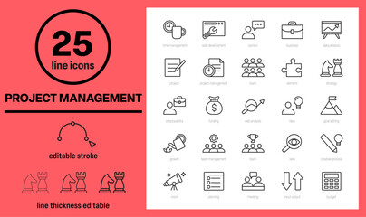project management icons, marketing, finance, business management icons set, editable stroke, outline icons collection, organization symbols, such as time management, goal setting, analysis
