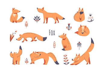 Set of cute foxes with plant elements. Suitable for childrens prints on textiles. Vector hand drawn style illustration isolated on white background