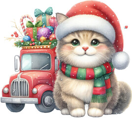 Holiday Express: Watercolor Christmas Truck Illustration in Transparent PNG