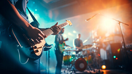 rock music concert. group of young men and women in leather jacket performing in a nightclub. - Powered by Adobe