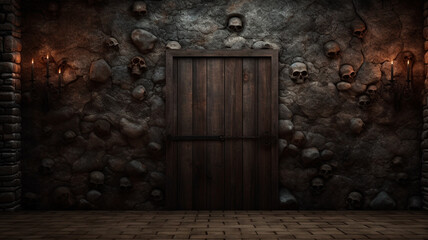 Fototapeta na wymiar halloween background with old wooden door and skull. spooky halloween concept