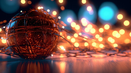 D&eacute;coration de No&euml;l, boule de No&euml;l et guirlande lumineuse. Paysage hivernal, ambiance chaleureuse. Pour conception et cr&eacute;ation graphique.