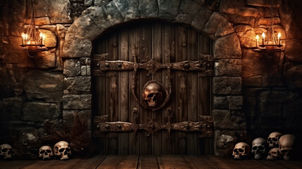 halloween background with old wooden door and skull. spooky halloween concept