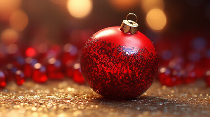 Décoration de Noël, boule de Noël rouge. Paysage hivernal, ambiance chaleureuse. Pour conception et création graphique.