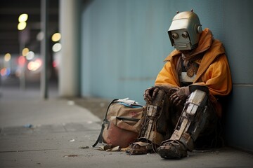 homeless beggar robot asks for alms