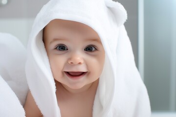 beautiful smiling baby wrapped in a towel