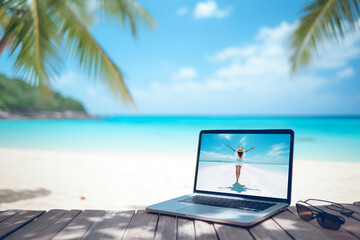 Laptop with reflection of woman on wooden table, tropical beach background with blurred sea and sky. Empty copy space suitable for web ads and banners. holidays, vacation and travel concept