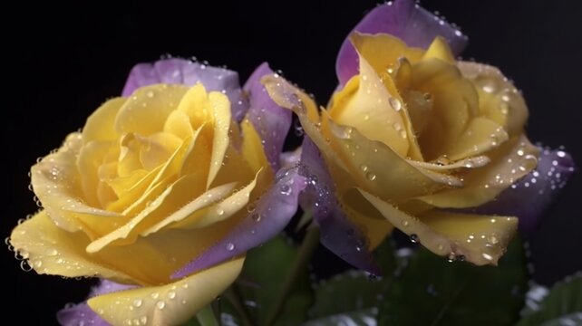 Two beautiful yellow roses flowers water drops wallpaper image AI generated art