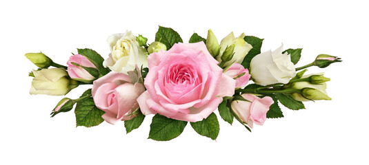 Pink roses and eustoma (Lisianthus) flowers in a floral arrangement isolated on white or transparent background