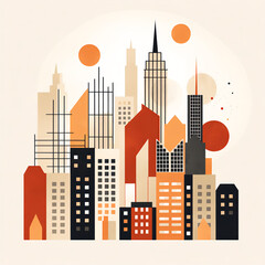 Obraz premium Mid-Century Modern City Skyline Illustration with Flat Colors and Clean Lines