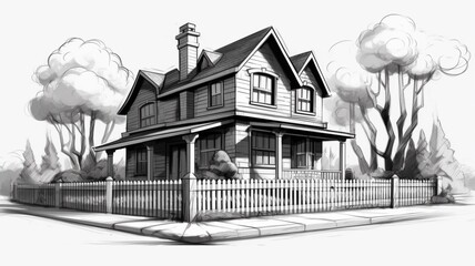 Two one story residential house black and white design illustration picture AI generated art