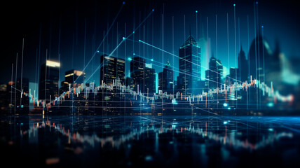 data technology abstract hologram with city view on skyscrapers and skyscrapers