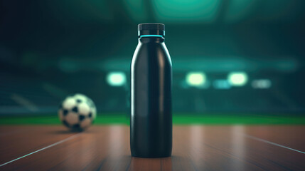 Empty blank metallic reusable water or coffee or tea bottle Mock up stadium background. Zero waste...