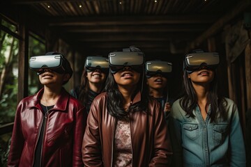 group of friends with virtual reality glasses