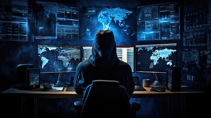 Obraz premium Hacker in front of computer screens