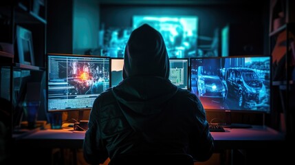 Hacker in front of computer screens