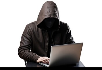 Hacker using laptop isolared on white background.
