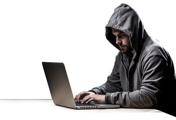 Hacker using laptop isolared on white background.