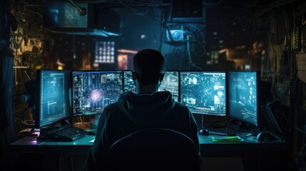 Hacker in front of computer screens