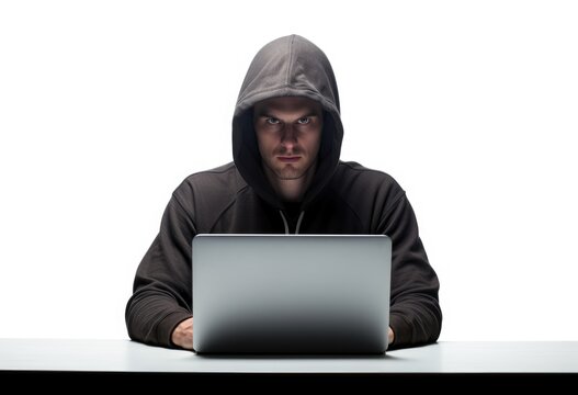 Hacker using laptop isolared on white background.