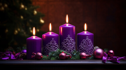 Obraz na płótnie Canvas Ethereal Advent Ambiance Quartet of Purple Candles Illuminating Christmas Trinkets in the Veil of Night