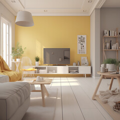 Interior of living room in yellow and white colors in modern house.