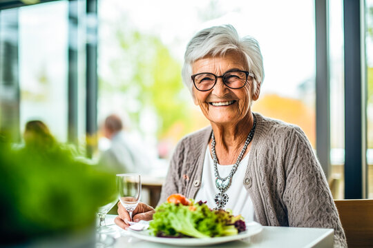 Femme retraité mangeant une salade dans la salle de restaurant de la maison de retraite