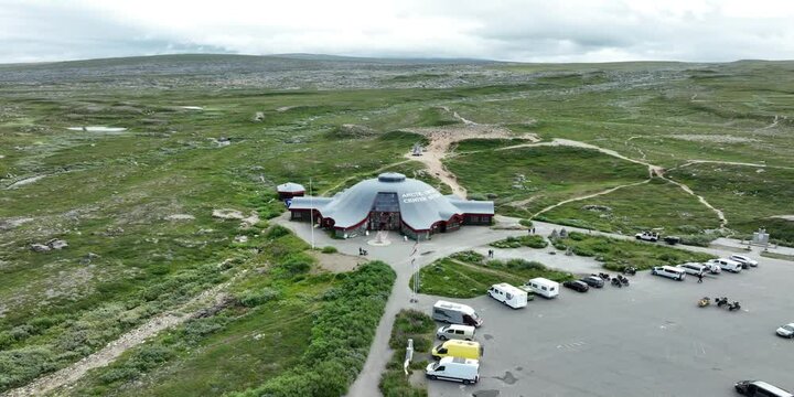 aerial shot of the arctic circle center in storforshei, norway